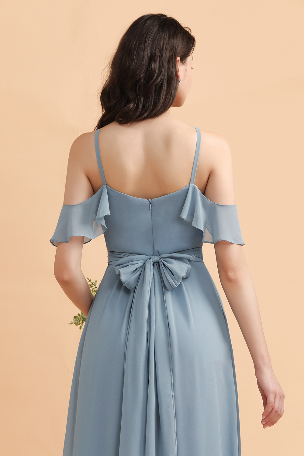Dusty Blue Off-the-Shoulder A-Line Soft Chiffon Bridesmaid Dress With Pockets