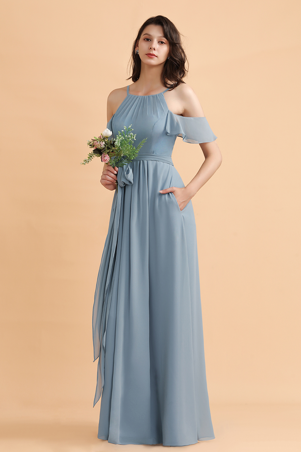 Dusty Blue Off-the-Shoulder A-Line Soft Chiffon Bridesmaid Dress With Pockets