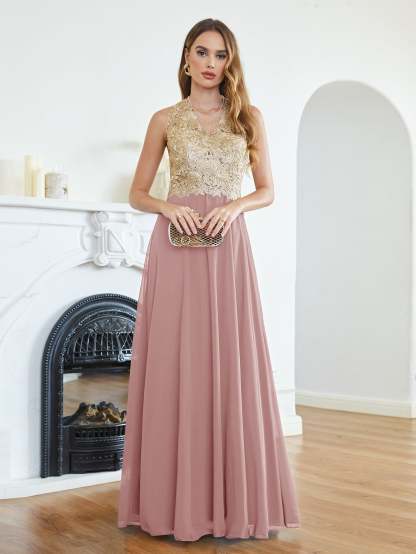 Long A Line Halter Gold Appliques Chiffon Formal Evening Dresses