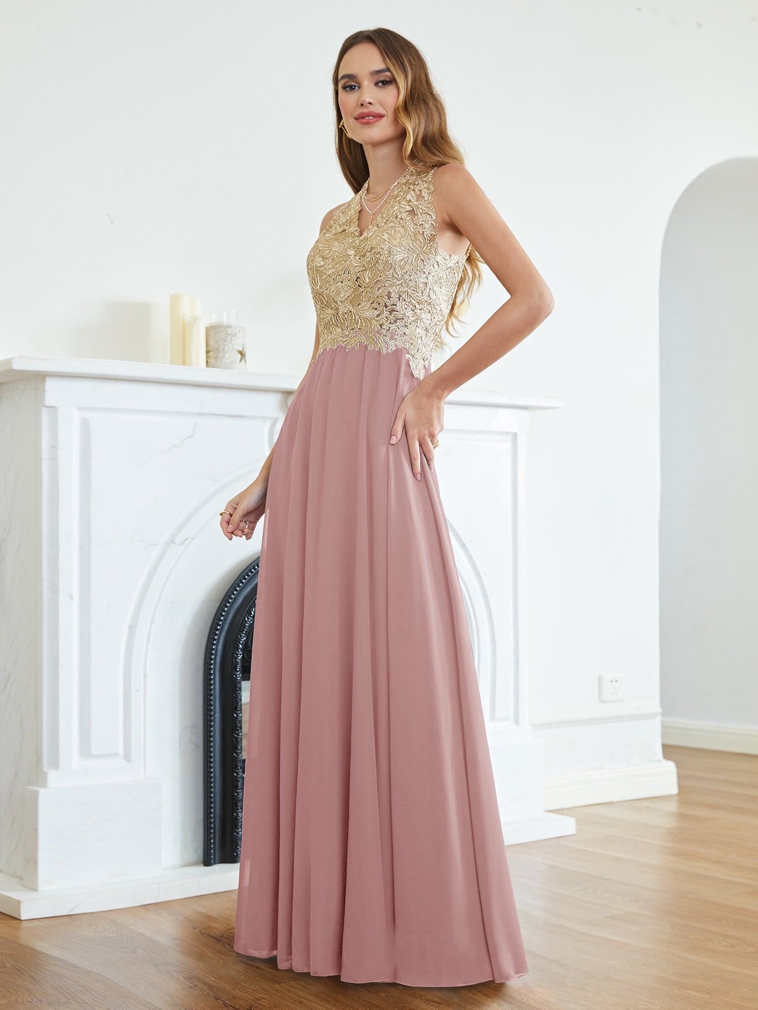Long A Line Halter Gold Appliques Chiffon Formal Evening Dresses