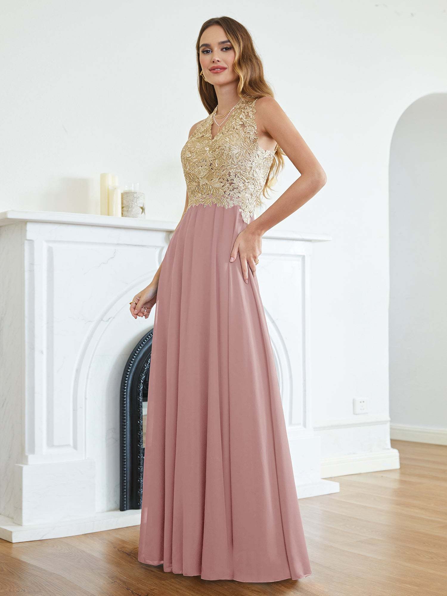 Long A Line Halter Gold Appliques Chiffon Formal Evening Dresses