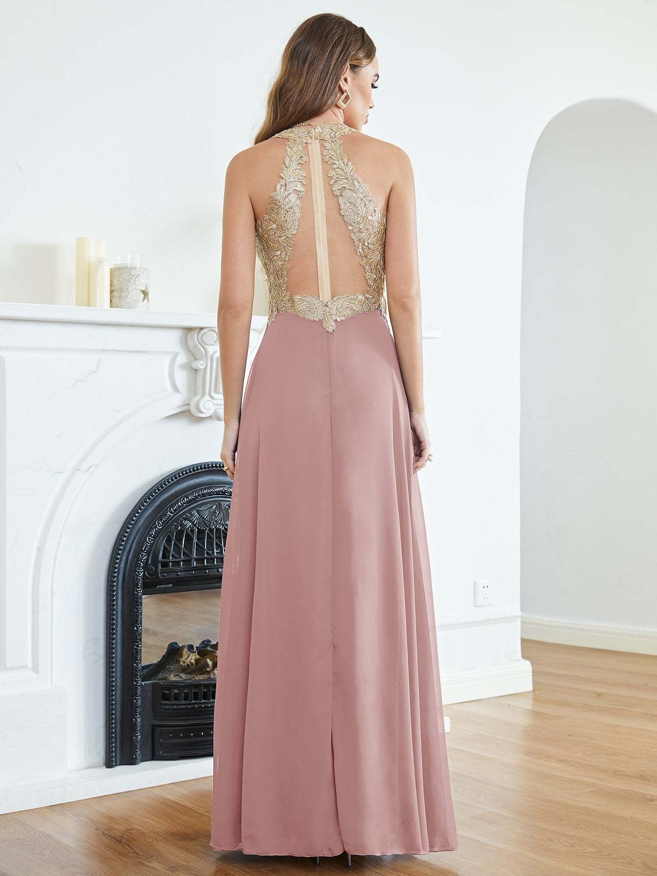 Long A Line Halter Gold Appliques Chiffon Formal Evening Dresses