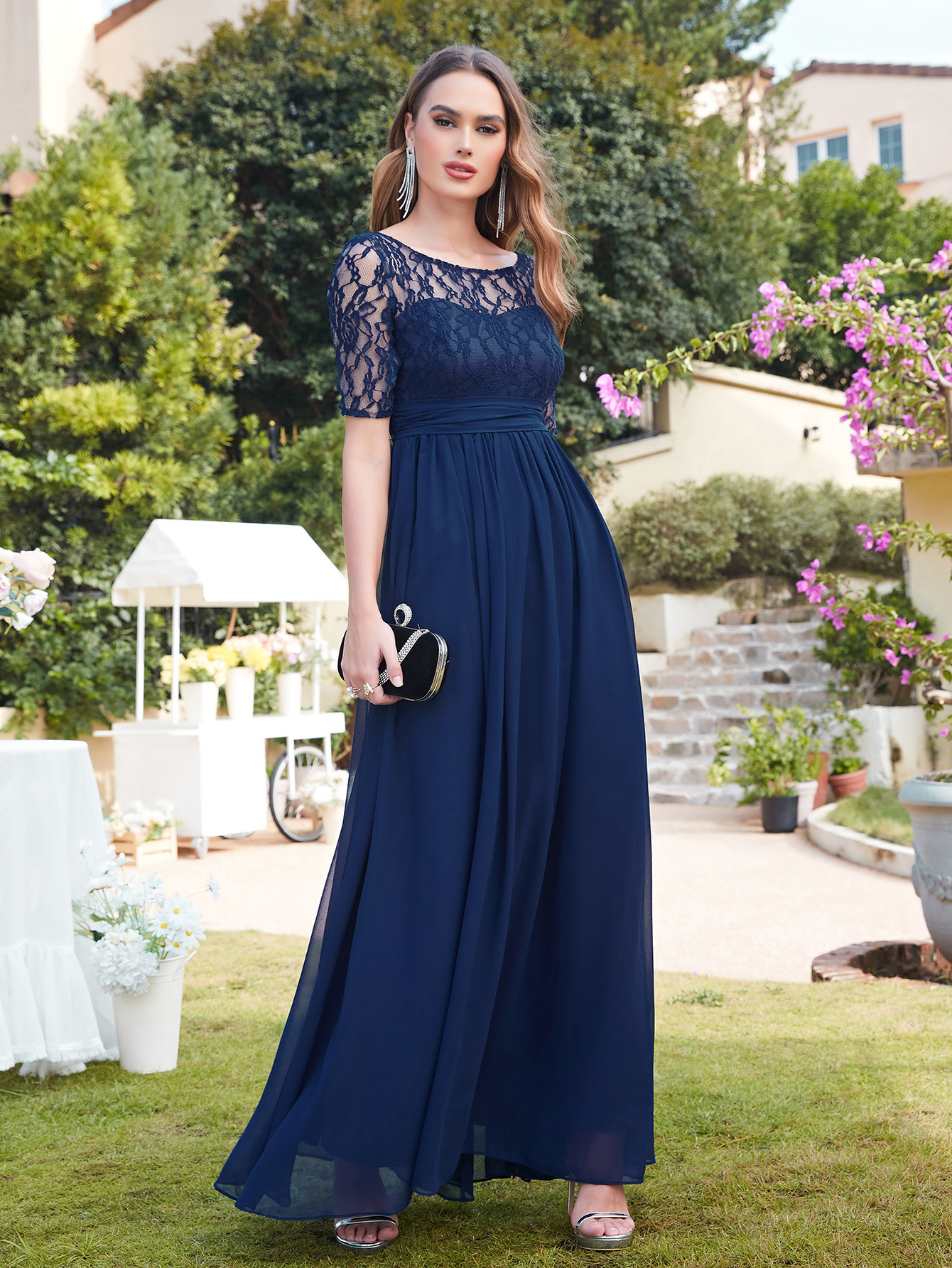 Long A-line Chiffon Lace Scoop Half-Sleeve Floor-Length Formal Evening Dresses