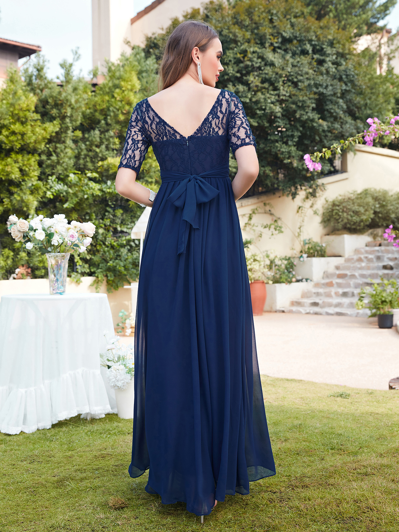 Long A-line Chiffon Lace Scoop Half-Sleeve Floor-Length Formal Evening Dresses