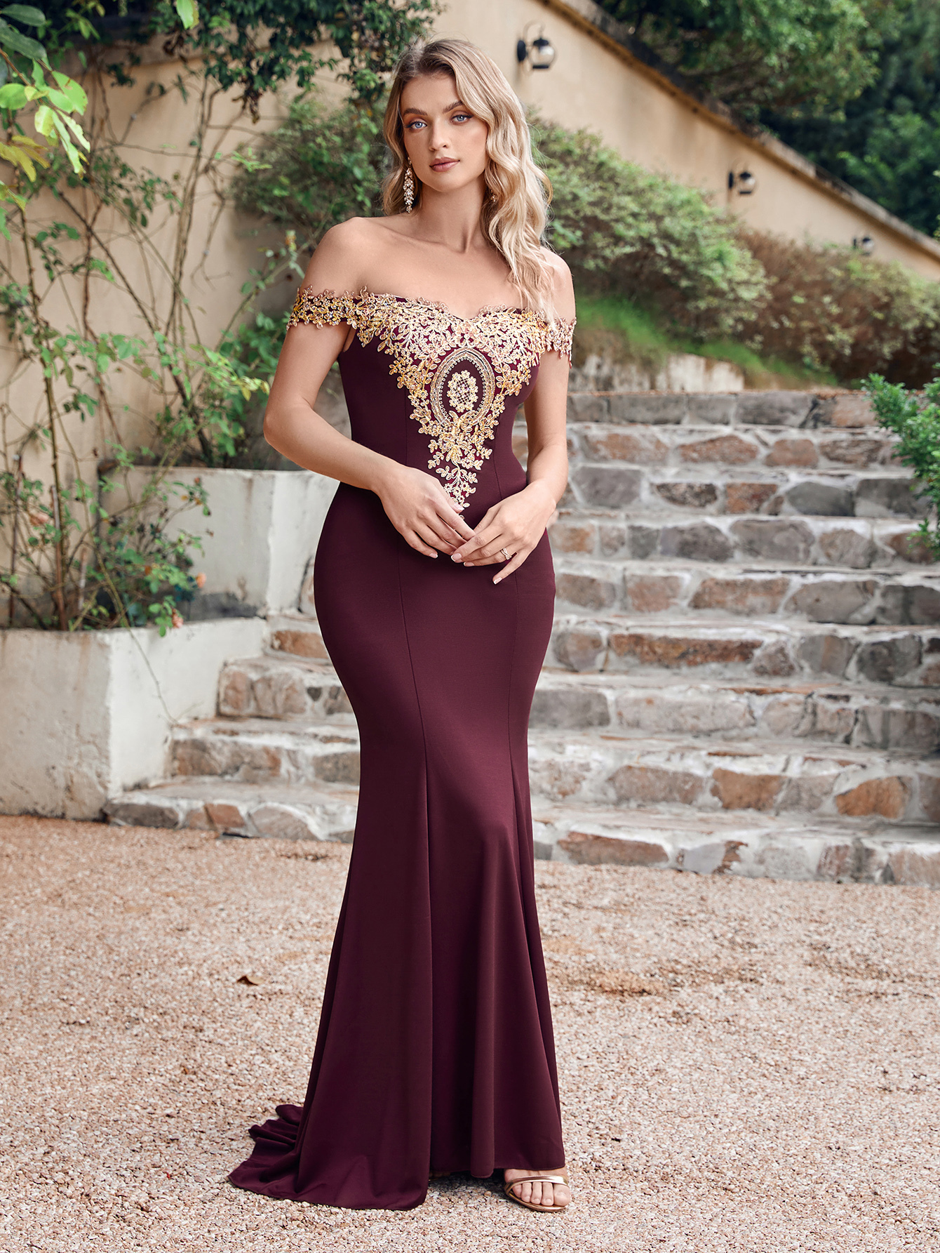 Elegant Burgundy Long Off the Shoulder Floor Length Mermaid Evening Dress