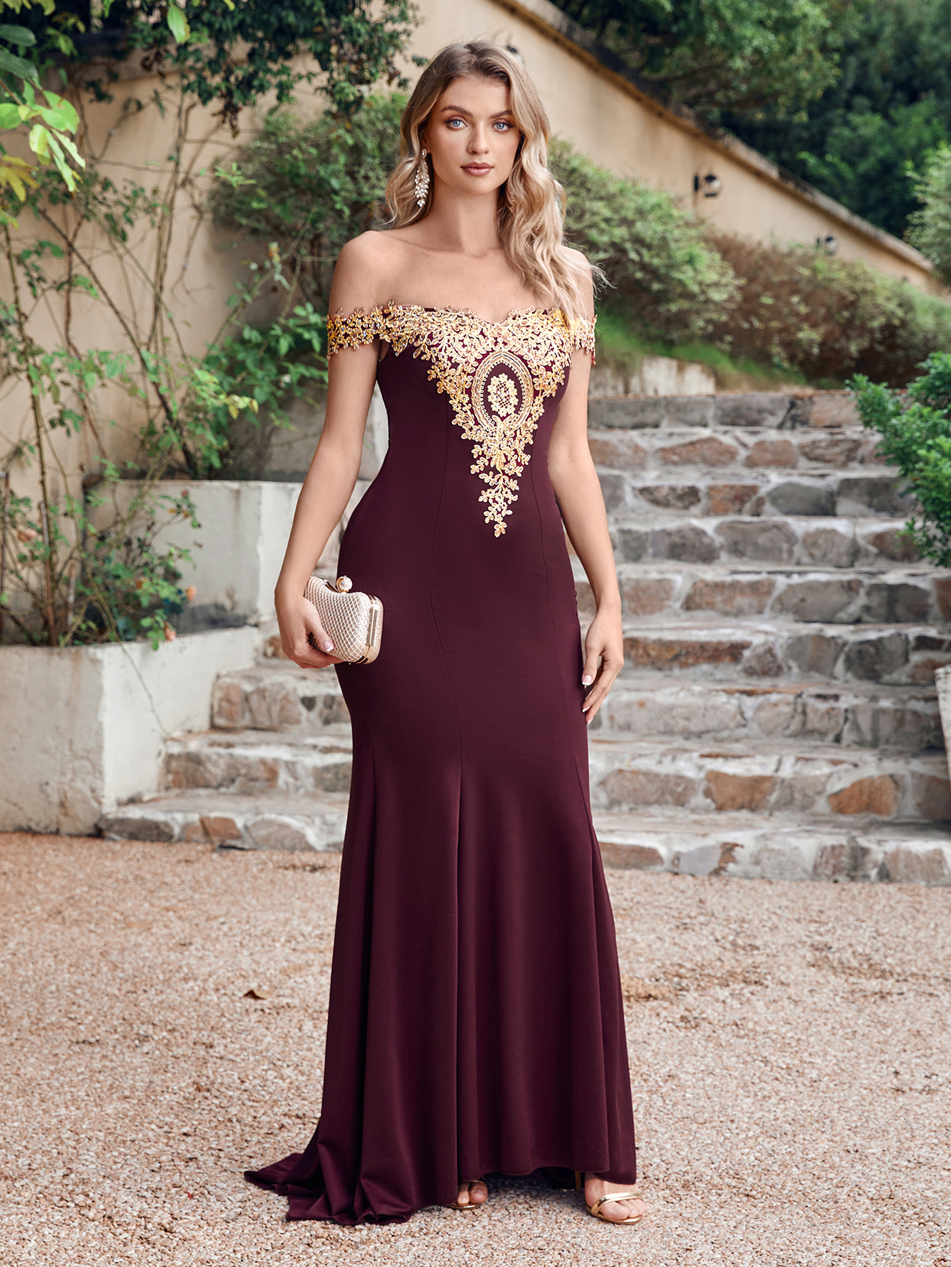 Elegant Burgundy Long Off the Shoulder Floor Length Mermaid Evening Dress
