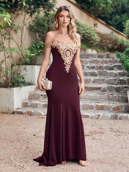 Elegant Burgundy Long Off the Shoulder Floor Length Mermaid Evening Dress