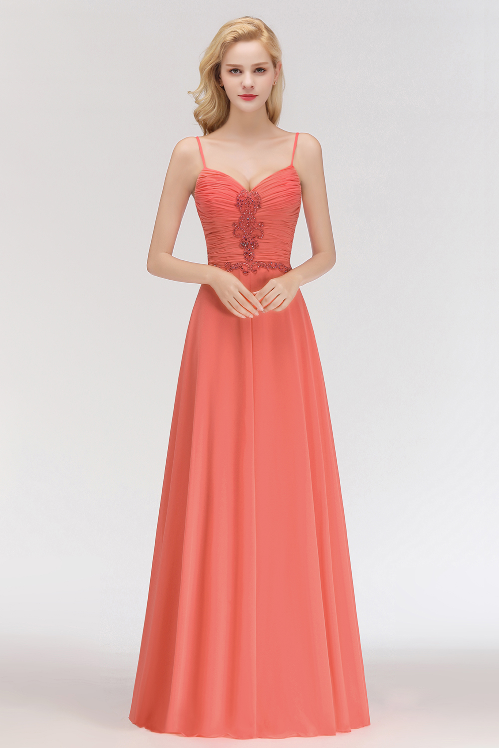 BM0084 Elegant Spaghetti Straps Ruffles Appliques Bridesmaid Dress
