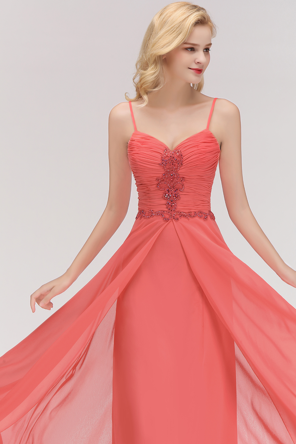 BM0084 Elegant Spaghetti Straps Ruffles Appliques Bridesmaid Dress