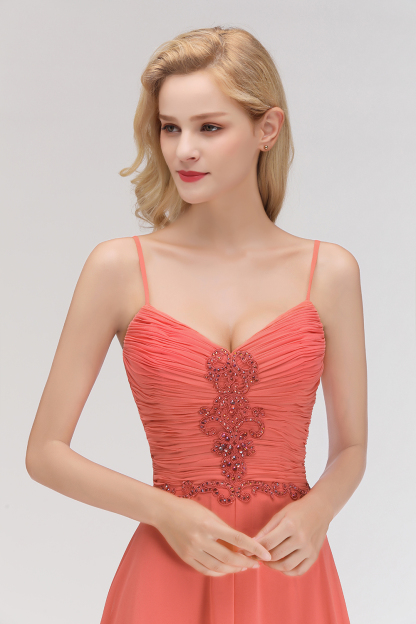 BM0084 Elegant Spaghetti Straps Ruffles Appliques Bridesmaid Dress