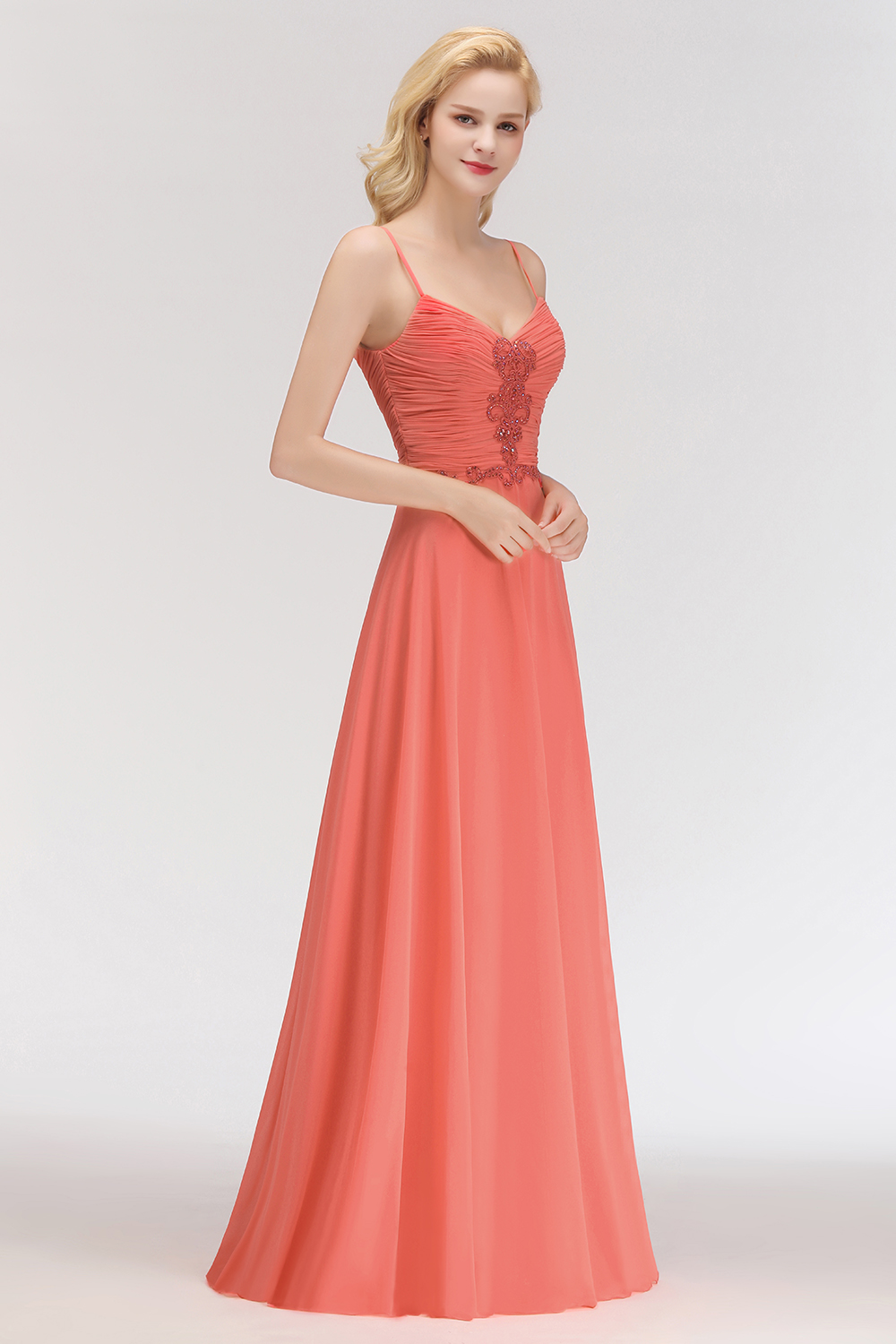 BM0084 Elegant Spaghetti Straps Ruffles Appliques Bridesmaid Dress