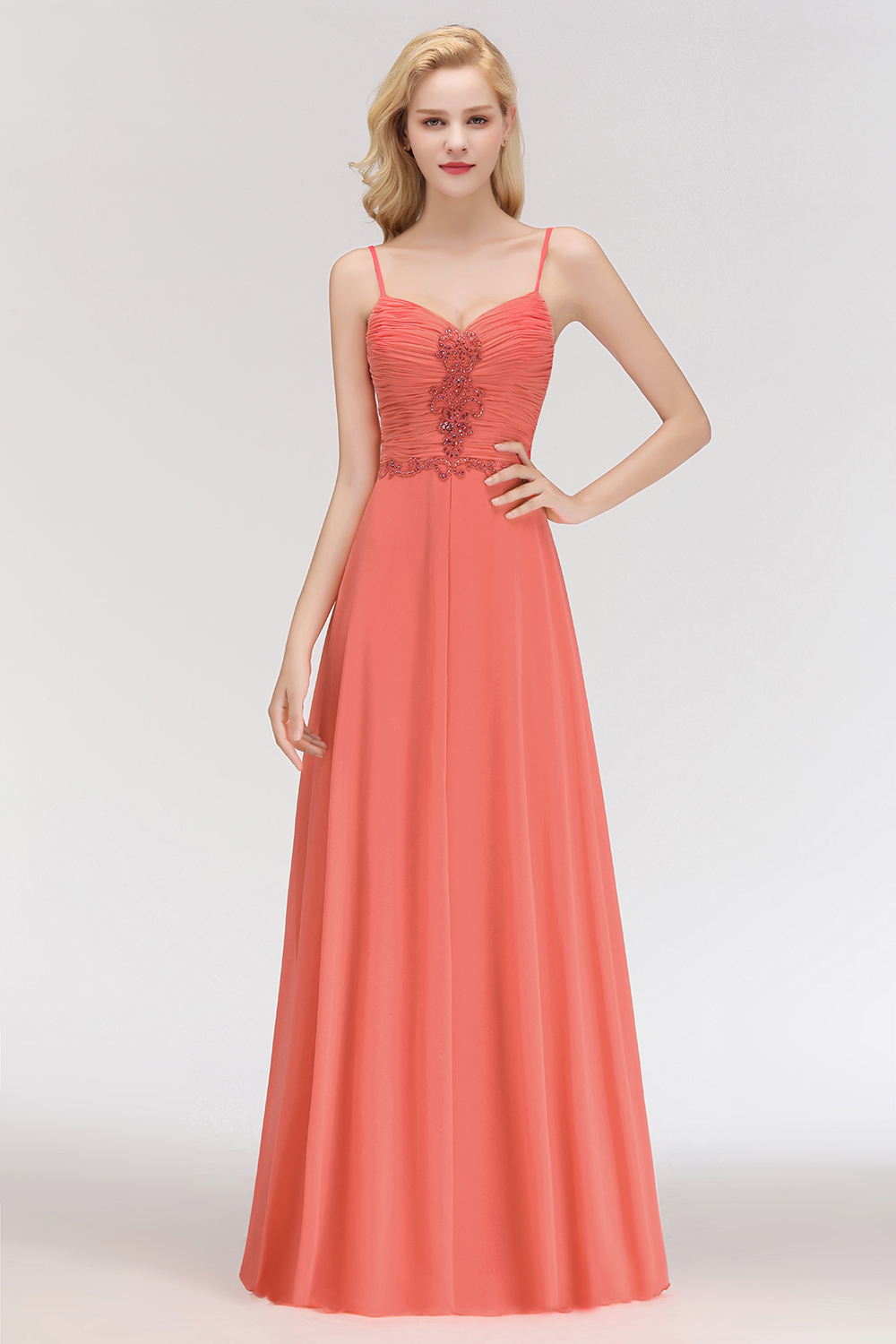 BM0084 Elegant Spaghetti Straps Ruffles Appliques Bridesmaid Dress