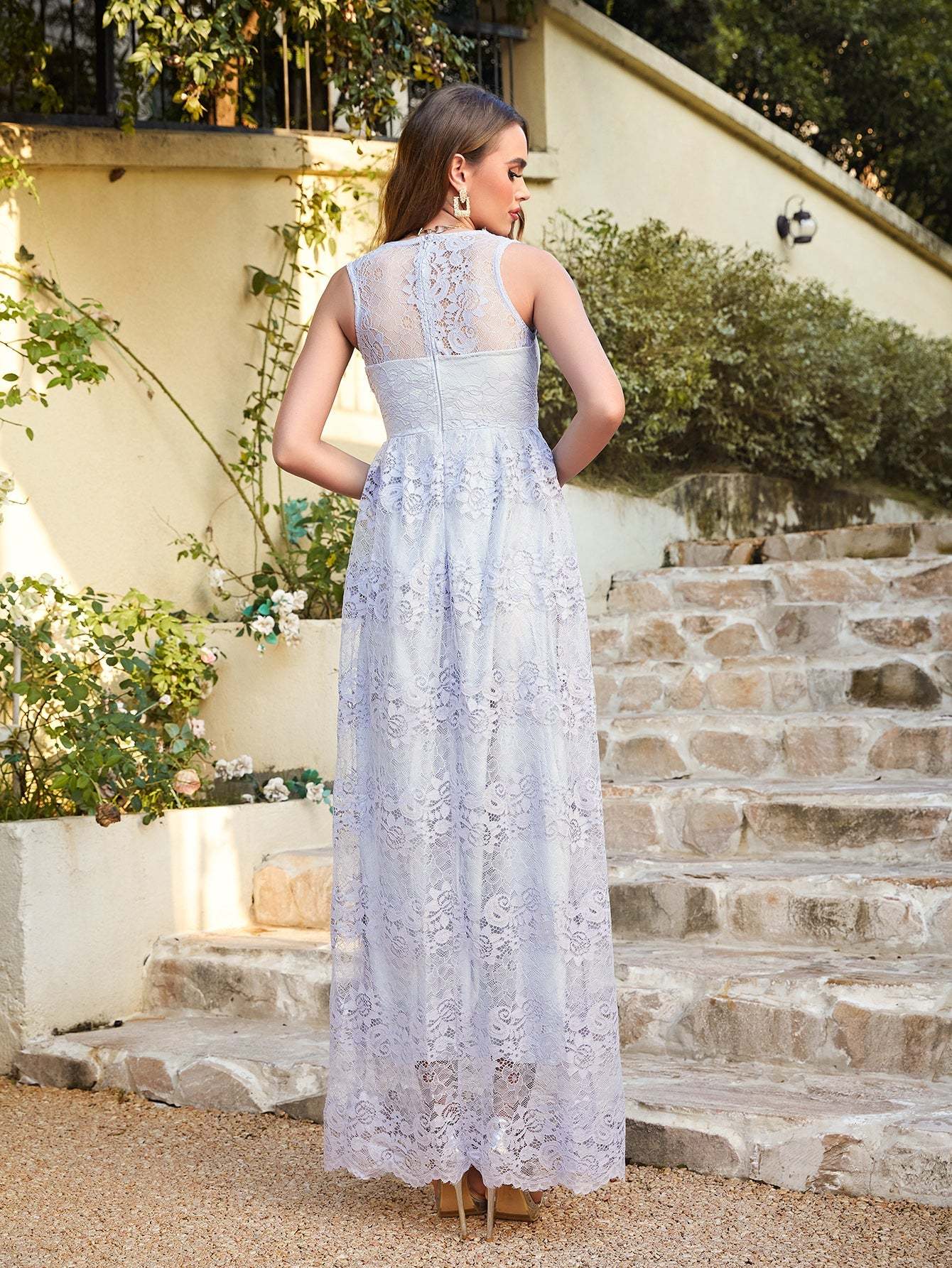 Long A Line Lace V Neck Floor Length Formal Evening Dress