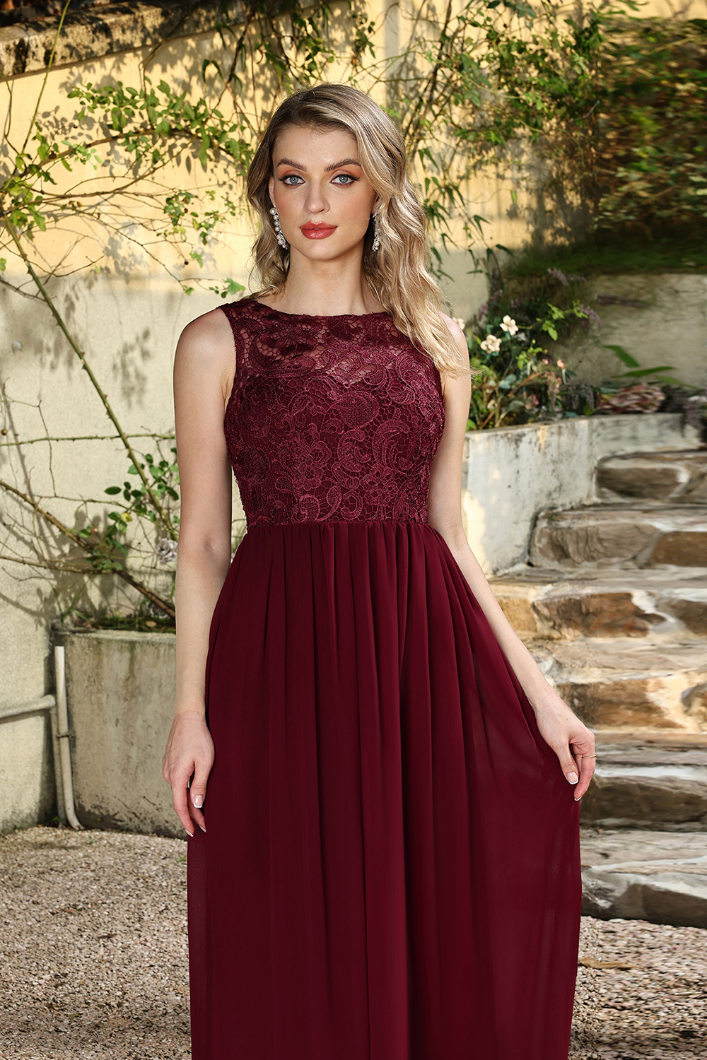 Long Burgundy Lace Sleeveless A Line Chiffon Evening Formal Dresses