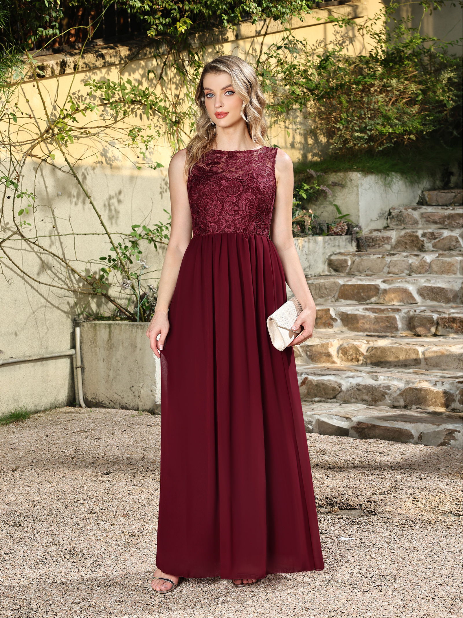 Long Burgundy Lace Sleeveless A Line Chiffon Evening Formal Dresses
