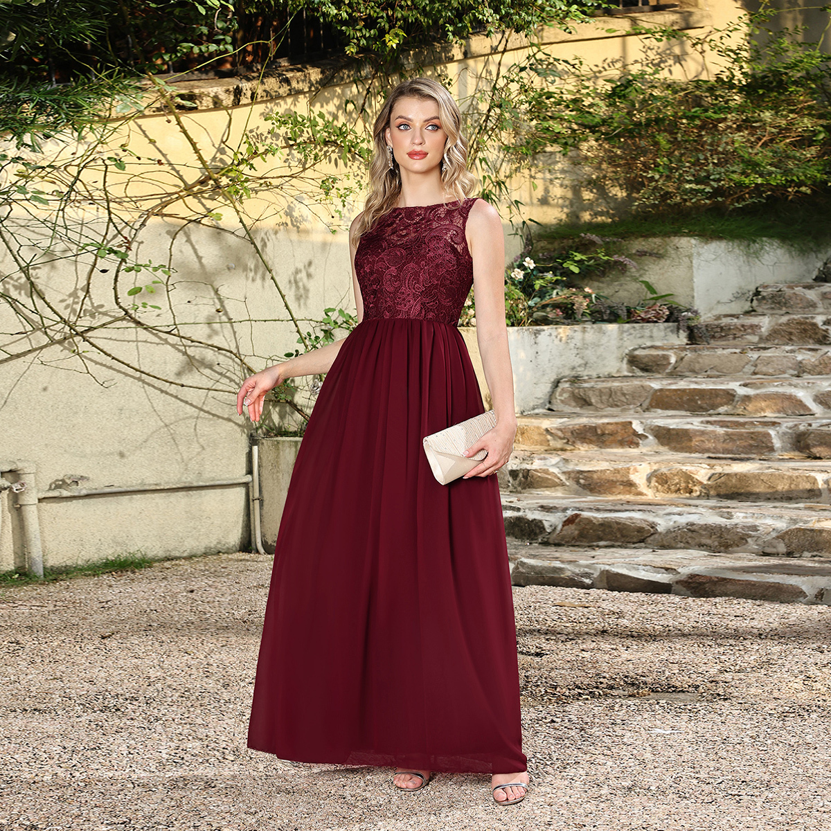 Long Burgundy Lace Sleeveless A Line Chiffon Evening Formal Dresses