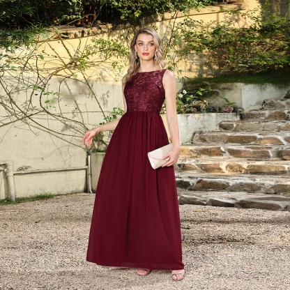 Long Burgundy Lace Sleeveless A Line Chiffon Evening Formal Dresses