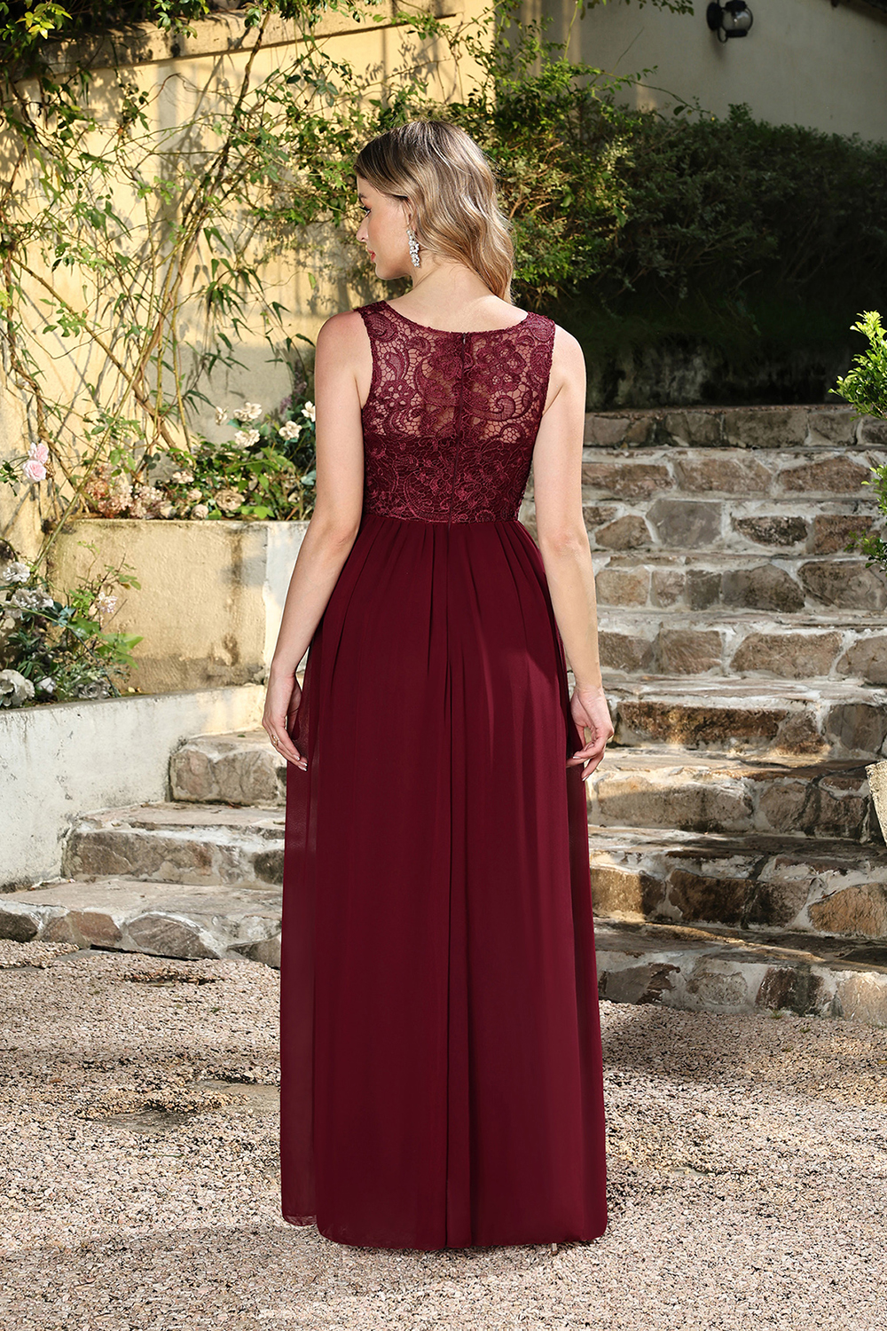 Long Burgundy Lace Sleeveless A Line Chiffon Evening Formal Dresses