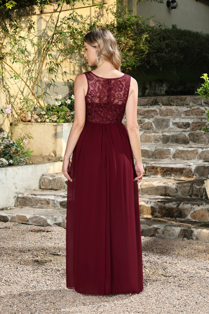 Long Burgundy Lace Sleeveless A Line Chiffon Evening Formal Dresses
