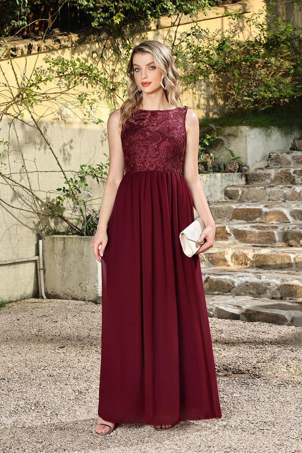 Long Burgundy Lace Sleeveless A Line Chiffon Evening Formal Dresses