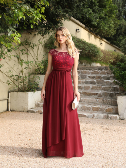 Long Chiffon Lace A-line Floor Length Formal Evening Dresses