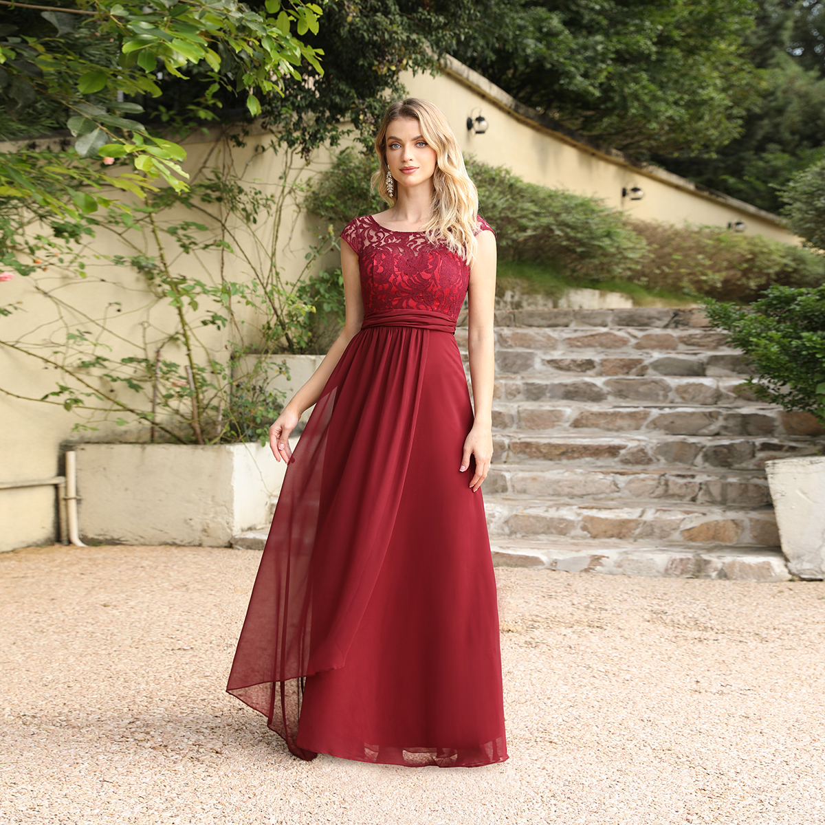 Long Chiffon Lace A-line Floor Length Formal Evening Dresses