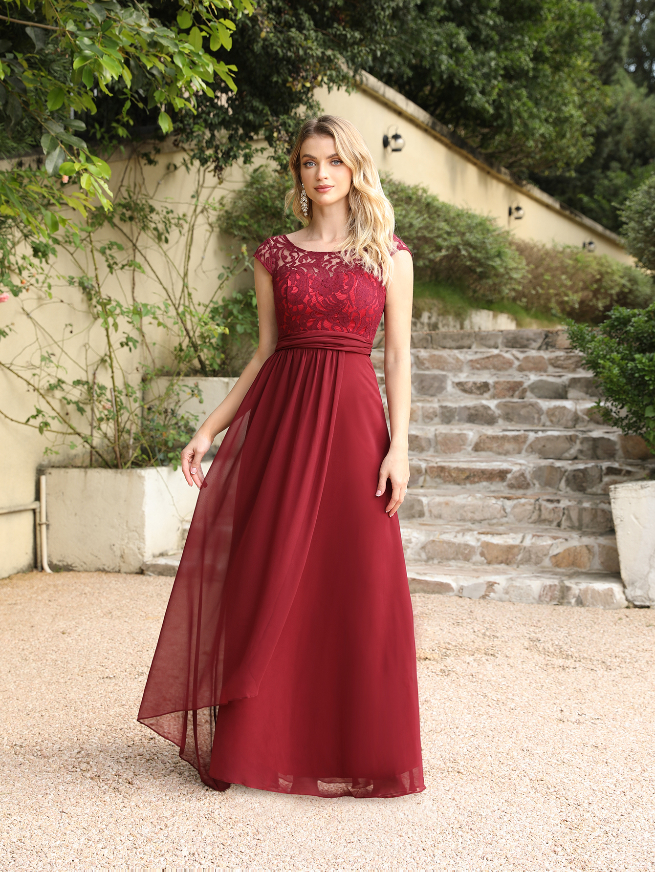 Long Chiffon Lace A-line Floor Length Formal Evening Dresses