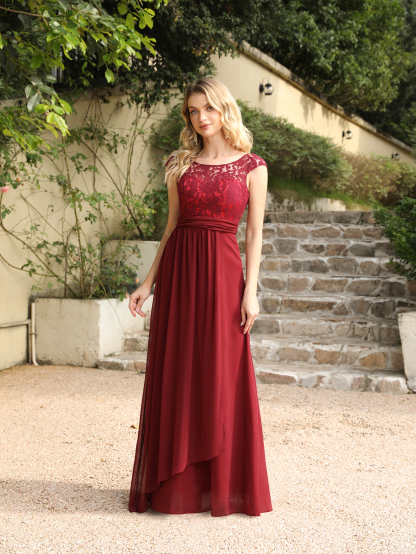 Long Chiffon Lace A-line Floor Length Formal Evening Dresses