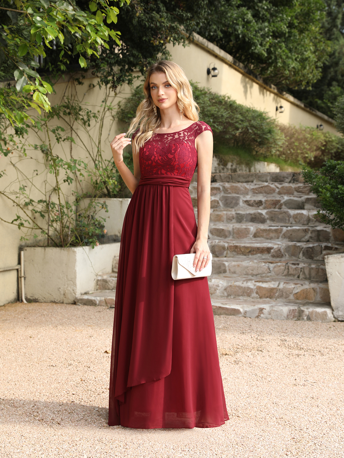 Long Chiffon Lace A-line Floor Length Formal Evening Dresses