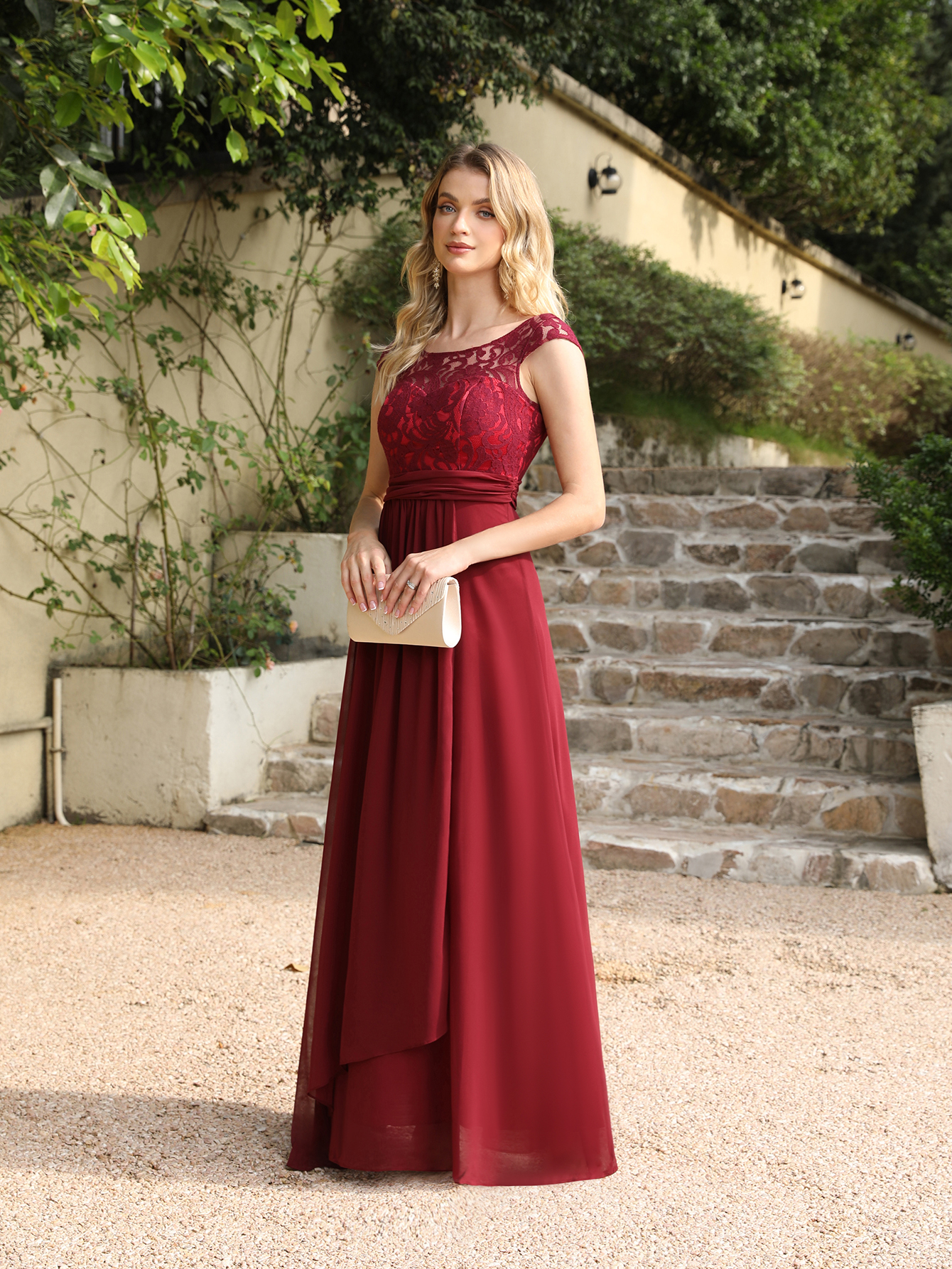 Long Chiffon Lace A-line Floor Length Formal Evening Dresses