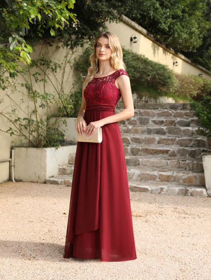 Long Chiffon Lace A-line Floor Length Formal Evening Dresses