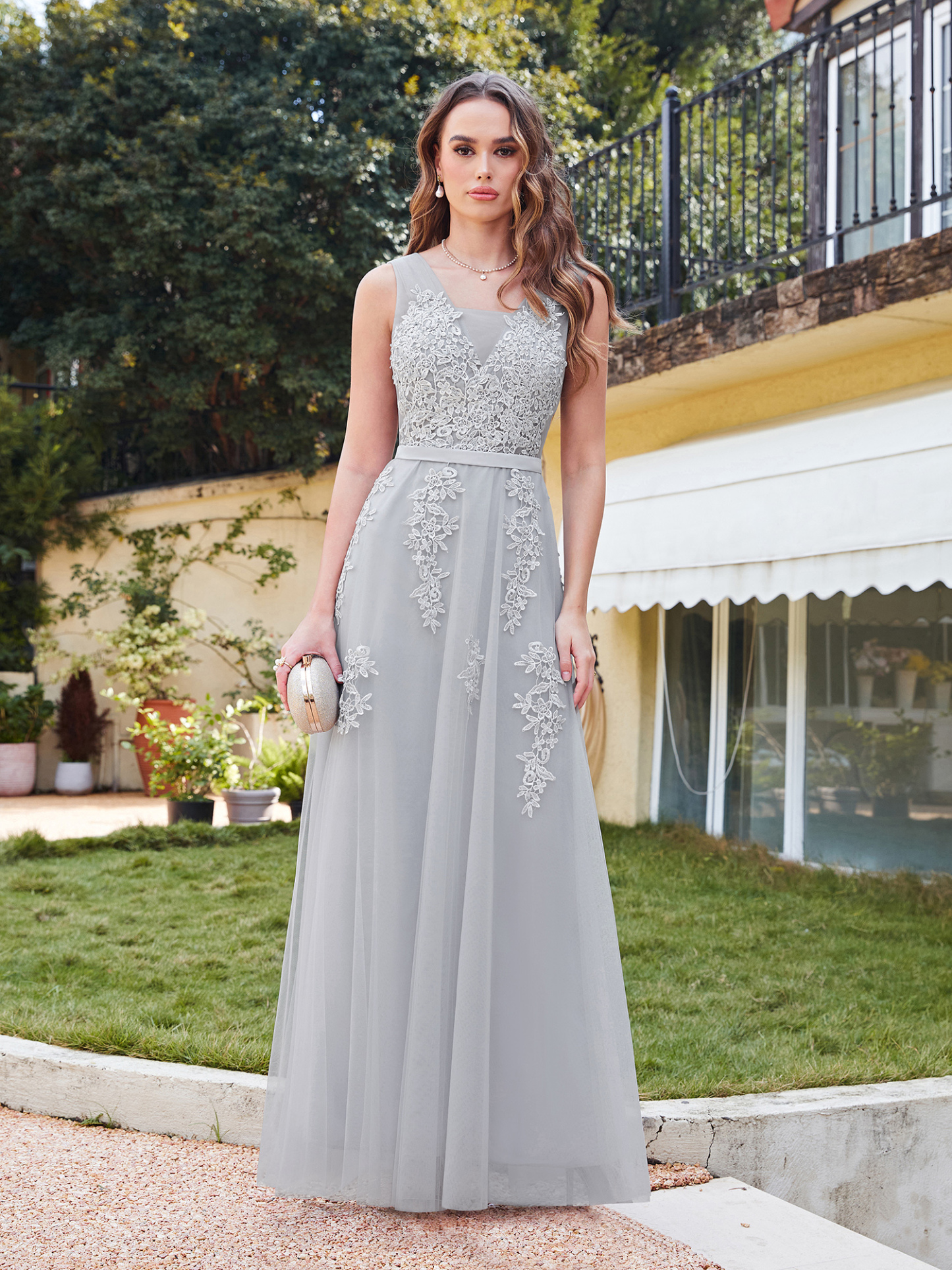Long Lace V-neck Tulle A-line Evening Dress Grey Wedding Guest Dresses