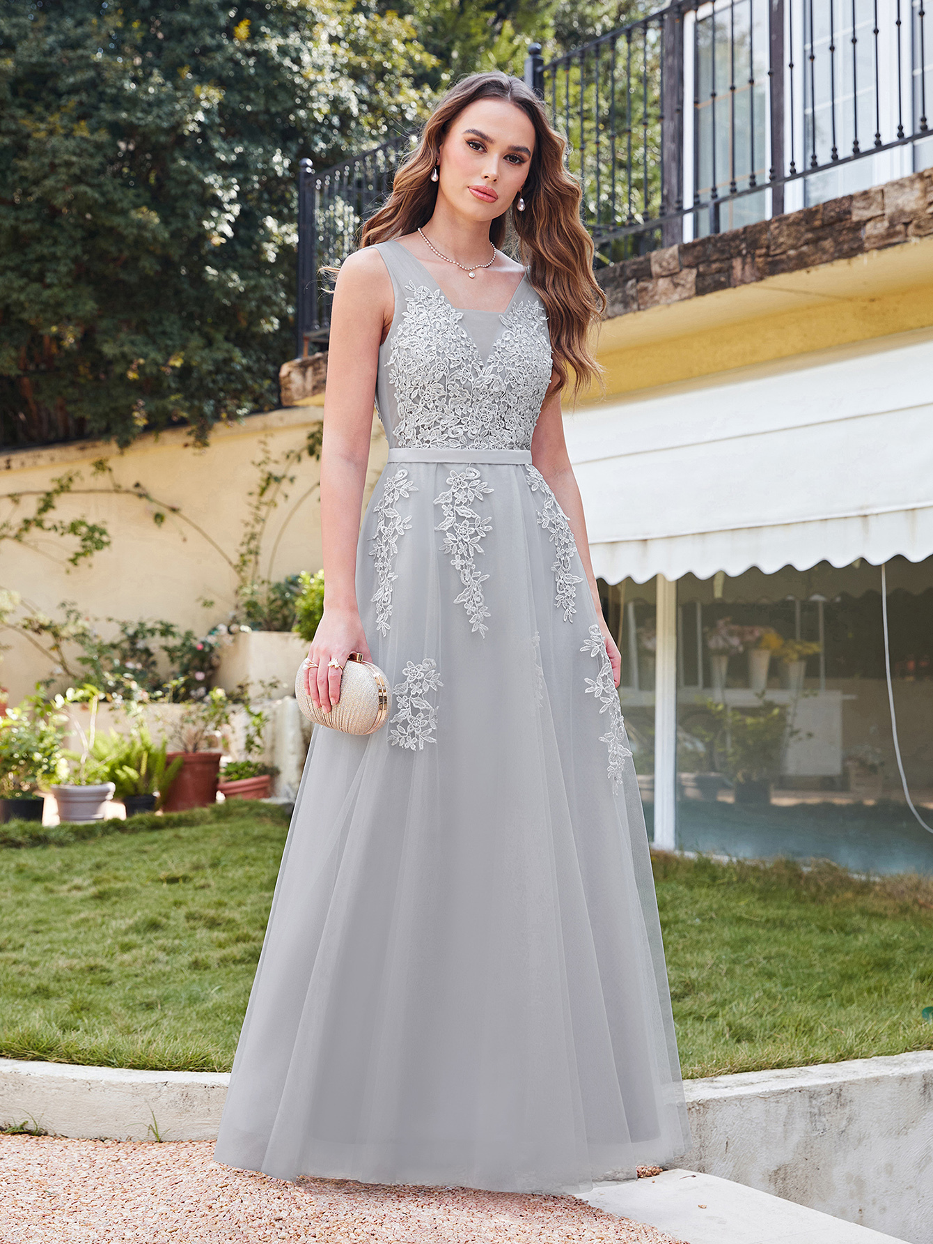 Long Lace V-neck Tulle A-line Evening Dress Grey Wedding Guest Dresses