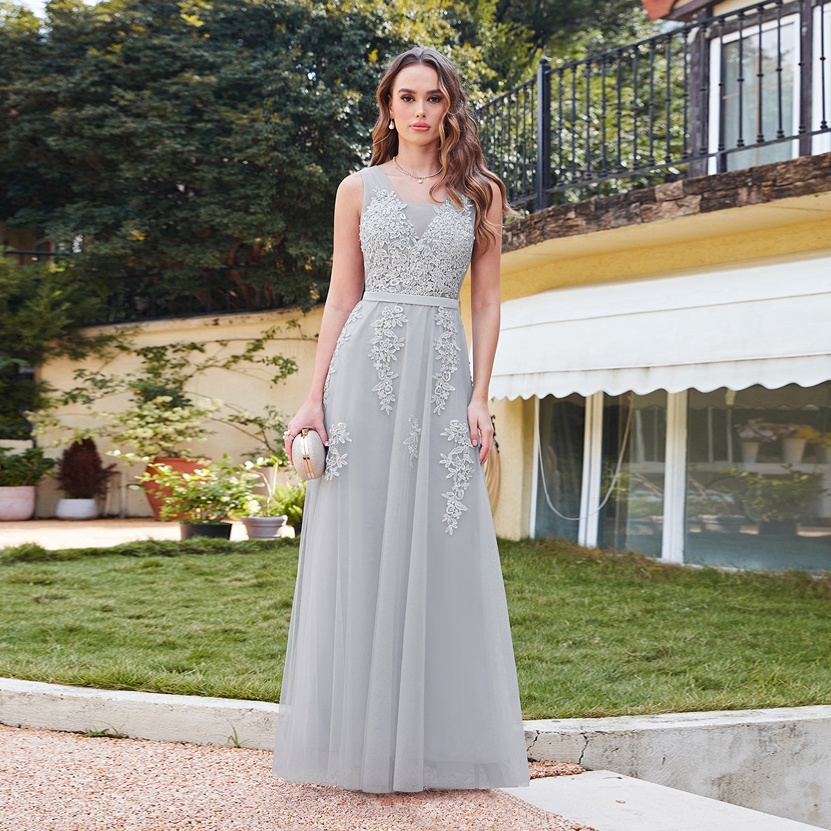 Long Lace V-neck Tulle A-line Evening Dress Grey Wedding Guest Dresses