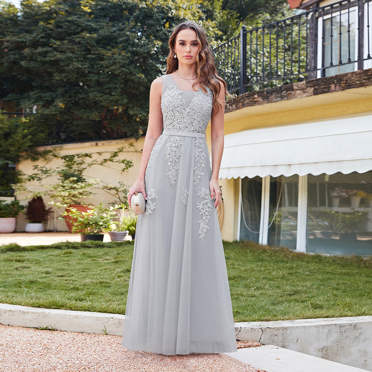Long Lace V-neck Tulle A-line Evening Dress Grey Wedding Guest Dresses