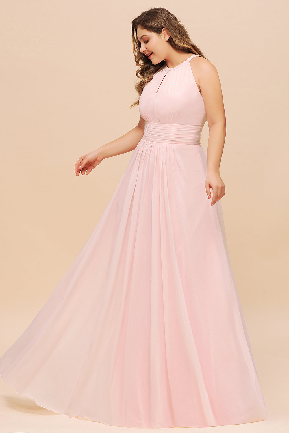 Long Plus Size Long Halter Chiffon Pink Bridesmaid Dress
