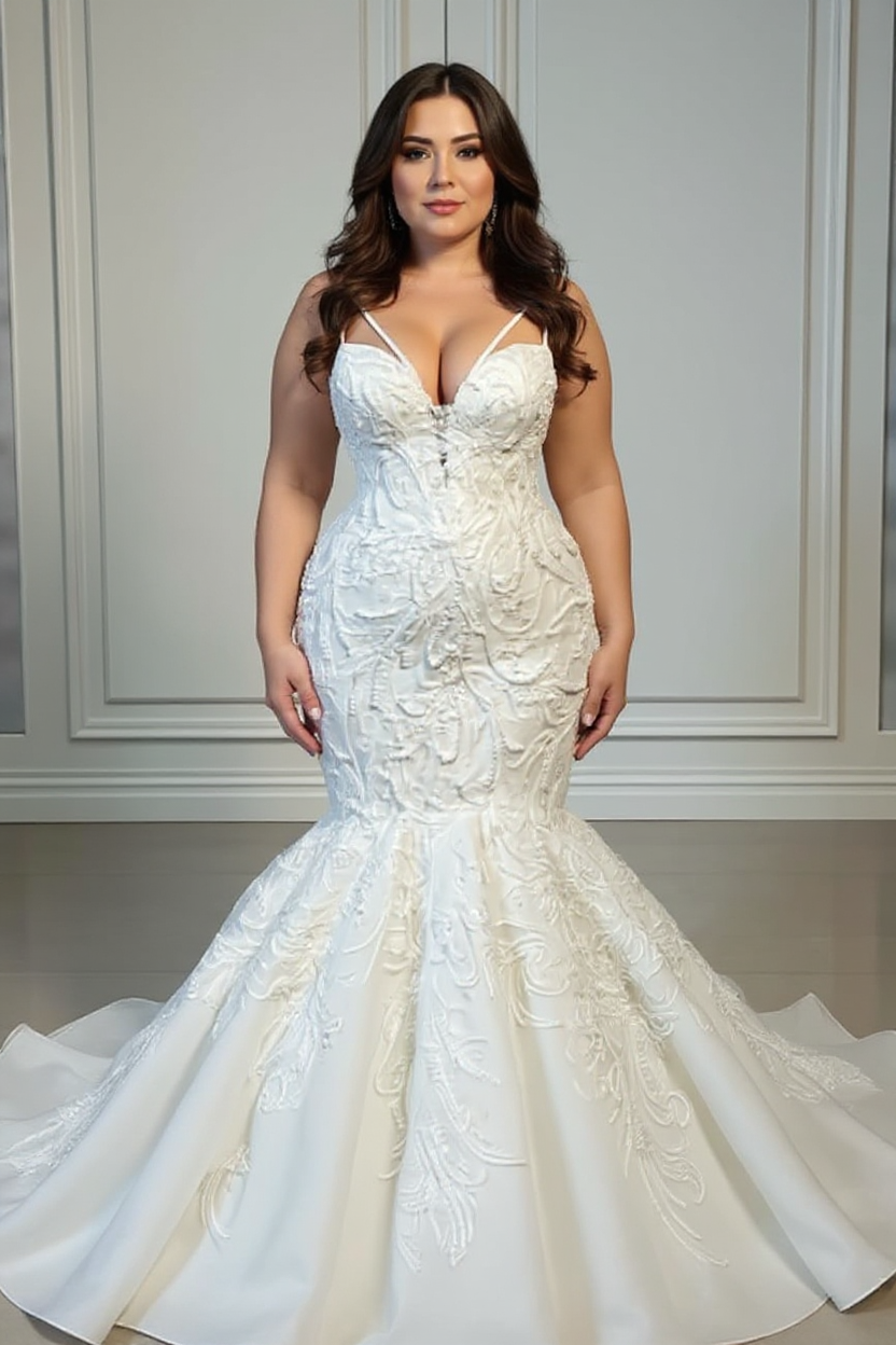 Plus Size Long Mermaid V-neck Lace Wedding Dresses with Beads
