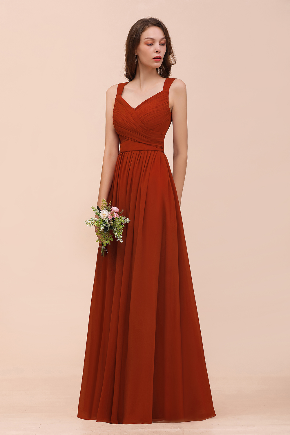 New Long A-line Sweetheart Straps Ruffle Rust Chiffon Bridesmaid Dress