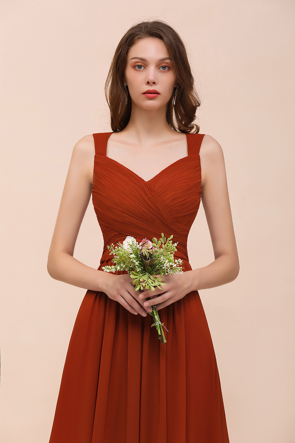 New Long A-line Sweetheart Straps Ruffle Rust Chiffon Bridesmaid Dress
