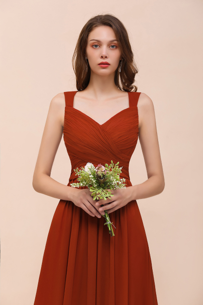 New Long A-line Sweetheart Straps Ruffle Rust Chiffon Bridesmaid Dress