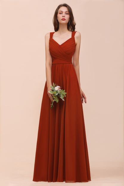 New Long A-line Sweetheart Straps Ruffle Rust Chiffon Bridesmaid Dress