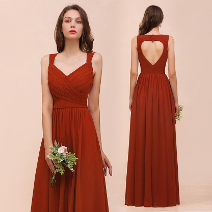 New Long A-line Sweetheart Straps Ruffle Rust Chiffon Bridesmaid Dress