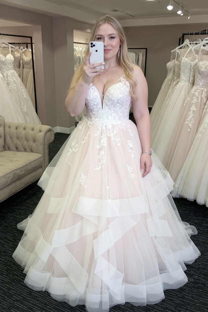Plus Size A-line Tulle V Neck Open Back Long Layered Wedding Dress