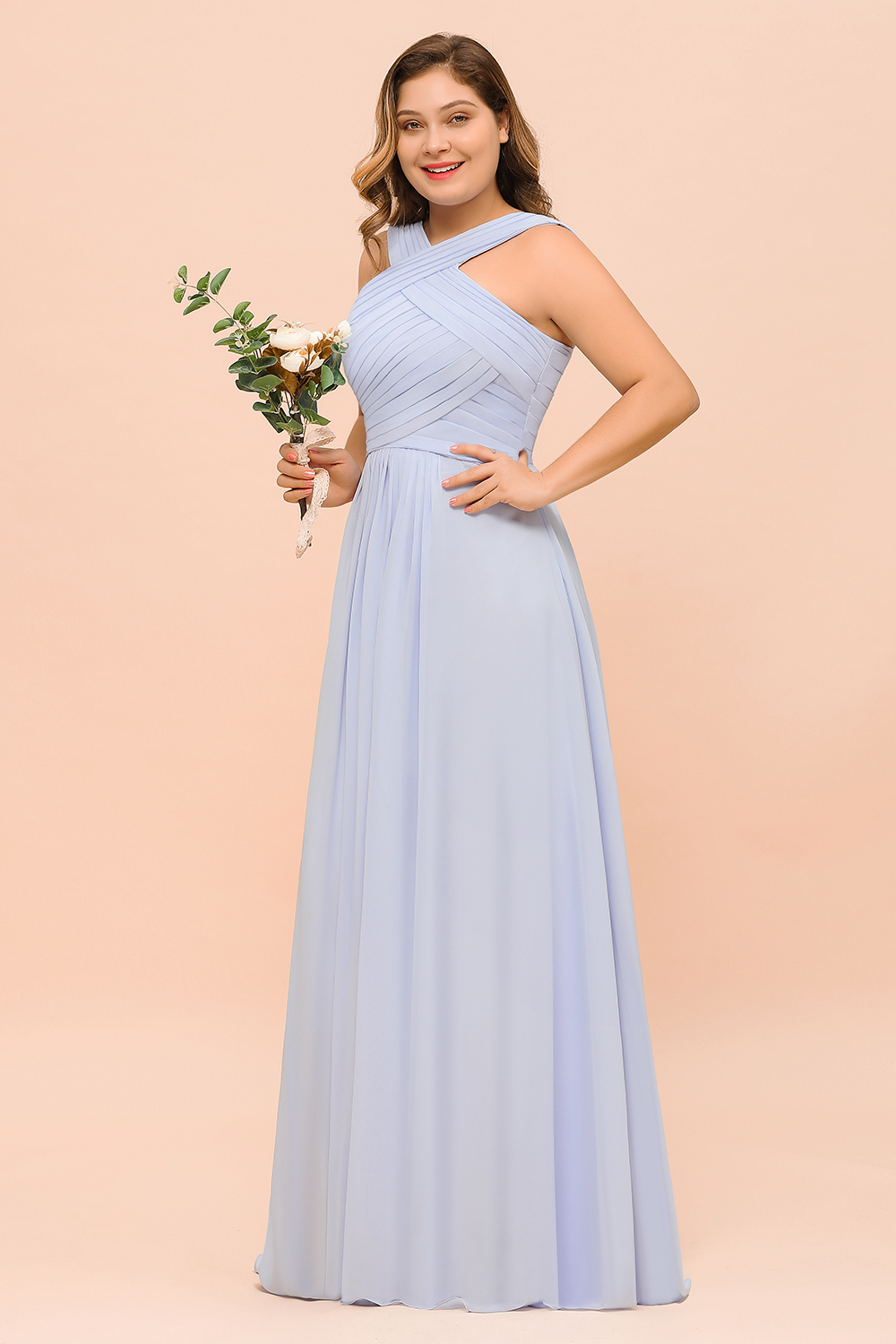 Plus Size Long A-line Halter Lavender Chiffon Bridesmaid Dress with Ruffle