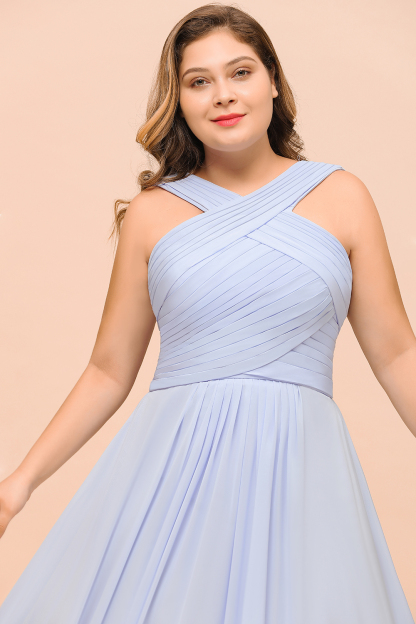 Plus Size Long A-line Halter Lavender Chiffon Bridesmaid Dress with Ruffle