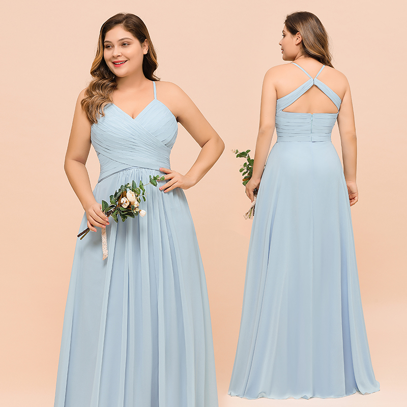 Plus Size Long A-line V-neck Spaghetti Straps Chiffon Sky Blue Bridesmaid Dresses