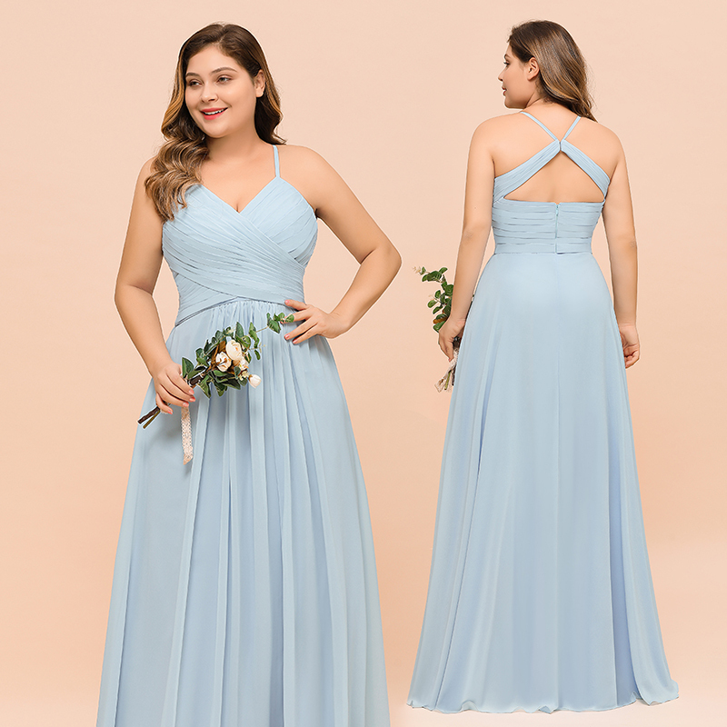 Plus Size Long A-line V-neck Spaghetti Straps Chiffon Sky Blue Bridesmaid Dresses