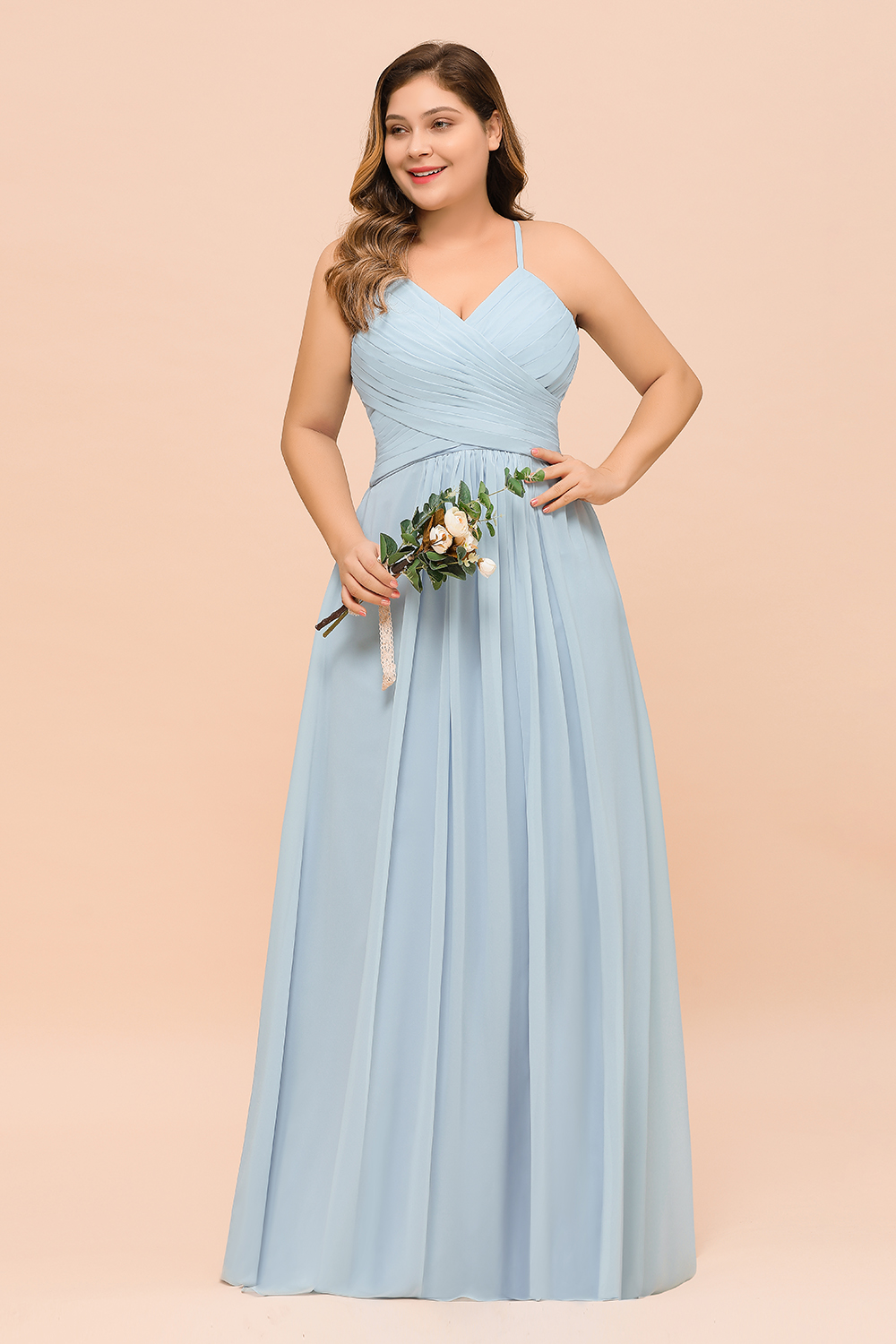 Plus Size Long A-line V-neck Spaghetti Straps Chiffon Sky Blue Bridesmaid Dresses