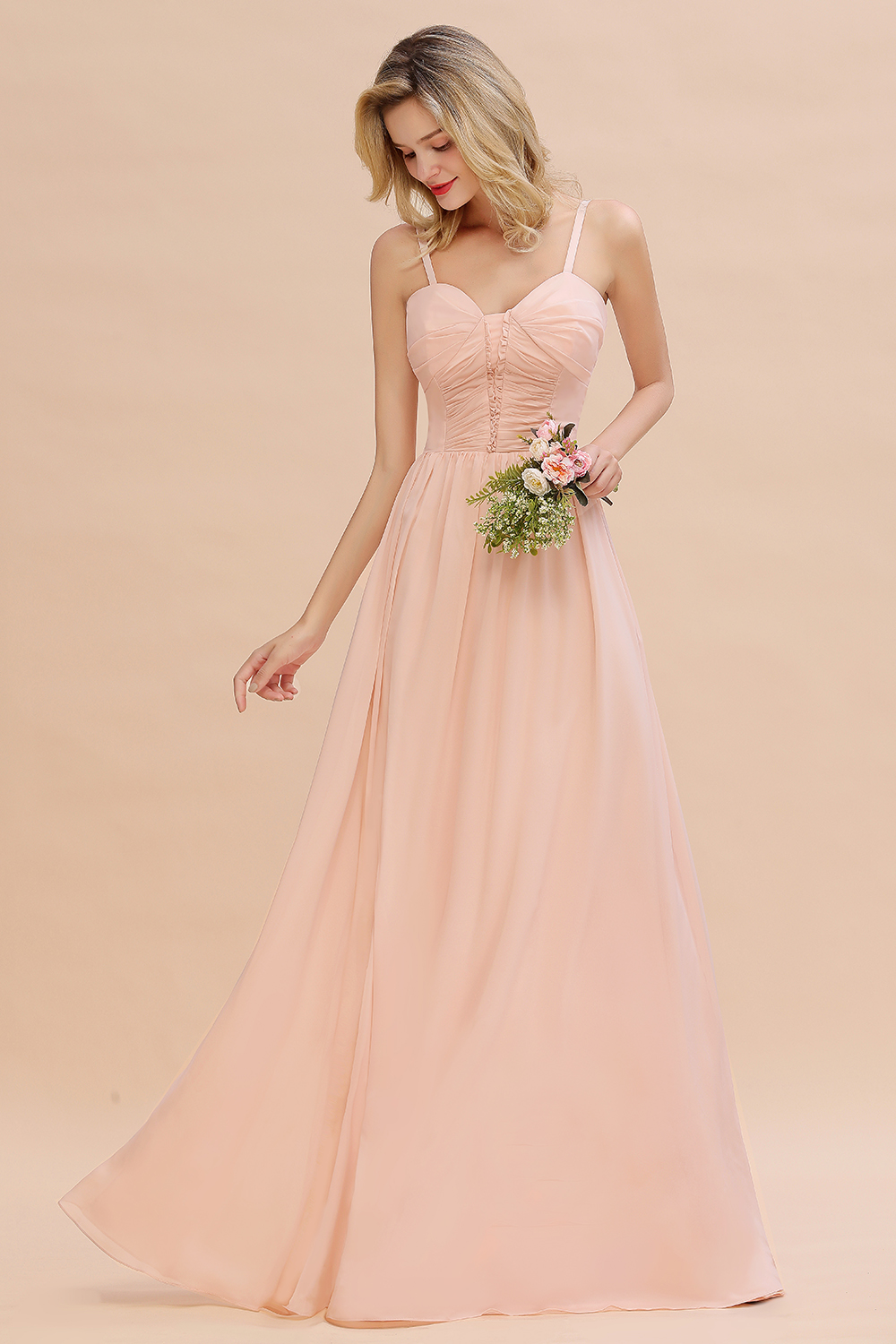 Simple Chiffon Straps Beadings Long Bridesmaid Dress