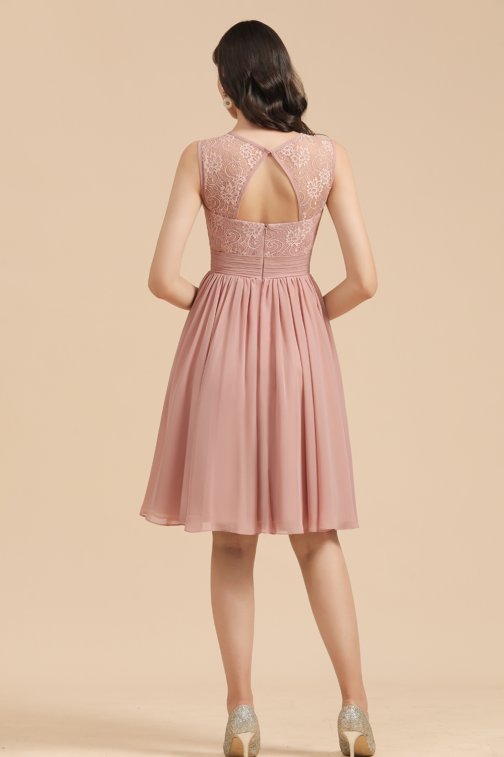 Simple Lace Straps Knee Length Short Bridesmaid Dress